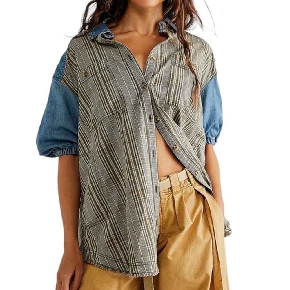 FREE PEOPLE RUNAWAY PLAID AND DENIM TOP SIZE XS - Picture 1 of 11